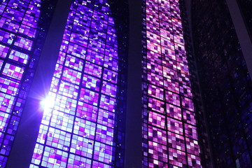 Purple stained glass in church. Belgian Heritage in Brazil. Stained glass windows of the Don Bosco church.