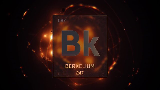 Berkelium as Element 97 of the Periodic Table. Seamlessly looping 3D animation on orange illuminated atom design background with orbiting electrons. Design shows name, atomic weight and element number