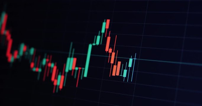 Stock market online chart financial exchange price. Cryptocurrency candlestick graph data. Bitcoin crypto growth diagram. Dynamic closeup shot filmed in Ultra HD 4k 2160p