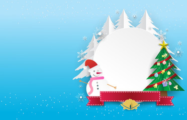 snow man and chrismas tree with circle white copy space and white snowflake on blue background.xmas,paper