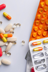 Collection colorful medication isolated on white background.