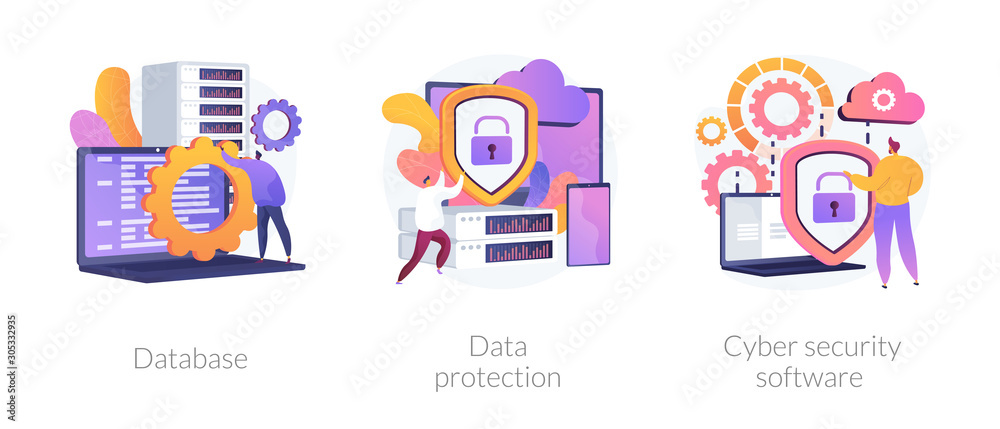 Fototapete Data protection metaphors set. Database, cyber security, control, protection of computer services and electronic information colorful icons pack. Vector isolated concept metaphor illustrations