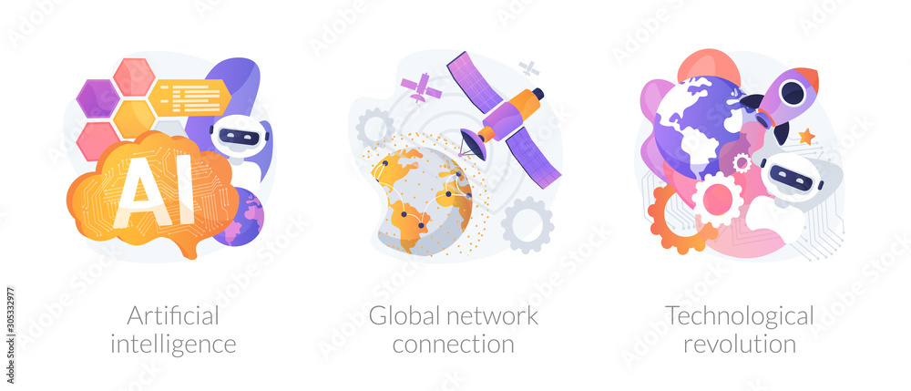 Poster modern technologies progress metaphors. artificial intelligent, global network connection, technolog