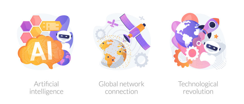 Modern technologies progress metaphors. Artificial intelligent, global network connection, technological revolution. Tech innovations implementation. Vector isolated concept metaphor illustrations