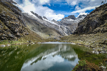 Fototapeta na wymiar Mountains reflections on a glacial lake in the Cordillera, Blanca. Huaraz, Peru