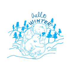 hello winter Banner background funny animal bear and baby bear.