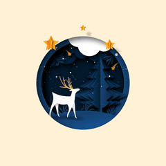 White deer and origami christmas tree greeting card template background paper art style.Vector illustration.