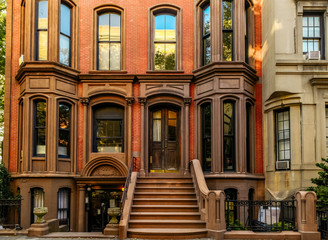 Brownstone facades & row houses at sunset in an iconic neighborhood of Brooklyn Heights in New York...
