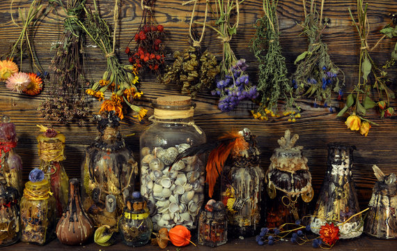 Witch laboratory with potion, elixirs, glass bottles, dry flowers, herbs and ingredients.
