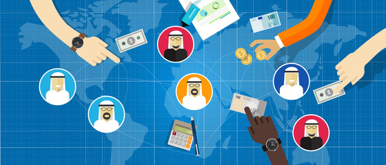 Arabic Business people of Arab connected in investment money. Hand with cash with man people wearing traditional Arab clothes and world map international transaction economy
