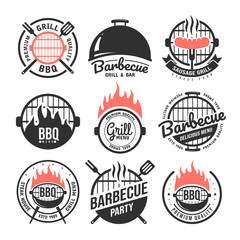 Barbecue and grill labels set. BBQ emblems and badges collection. Restaurant menu design elements. Vector illustration - obrazy, fototapety, plakaty