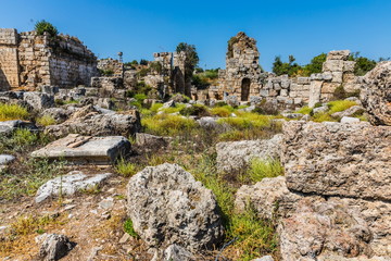 Fototapeta na wymiar Perga or Perge, an ancient Greek city in Anatolia, a large site of ancient ruins, now in Antalya Province on the Mediterranean coast of Turkey.