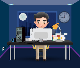Business character overtime employee vector concept. Male business character office employee working late at night while sitting and drinking coffee in blue dark room background. Vector illustration. 