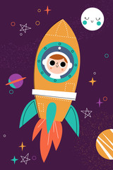 Happy boy flying in rocket. Journey to space. Flat vector illustration. Children textile, T-shirt print, poster.