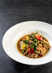 Stir fried minced pork  and holy basil thai food, Pad Ka-prao moo