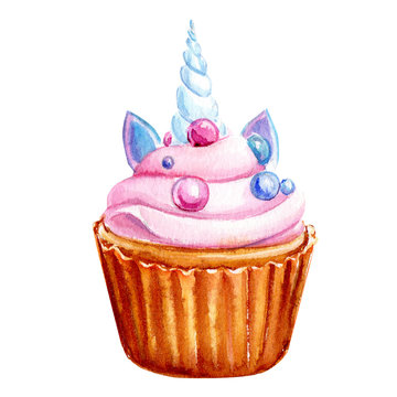 unicorn, cupcake watercolor illustrations.