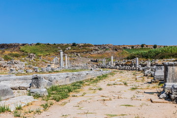 Perga or Perge, an ancient Greek city in Anatolia, a large site of ancient ruins, now in Antalya Province on the Mediterranean coast of Turkey.