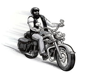 Fototapeta na wymiar Bearded biker riding a classic American motorcycle. Ink and watercolor illustration