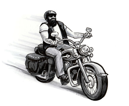 Bearded biker riding a classic American motorcycle. Ink and watercolor illustration