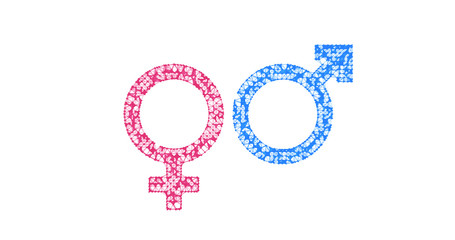 Gender icon. Male and female sex symbols. Illustration in the form of a starry sky or space, consisting of points, lines, and shapes in the form of stars with destruct shapes. White background.