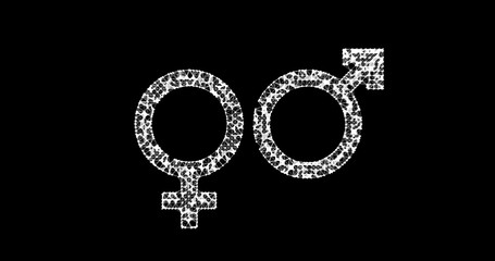 Gender icon. Male and female sex symbols. Illustration in the form of a starry sky or space, consisting of points, lines, and shapes in the form of stars with destruct shapes. Black background.