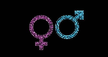 Gender icon. Male and female sex symbols. Illustration in the form of a starry sky or space, consisting of points, lines, and shapes in the form of stars with destruct shapes. Black background.
