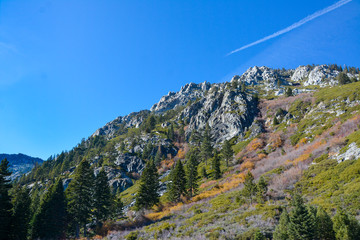 Moutains in Lake Tahoe with blue sky and empty space to text