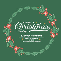 Template text christmas party, with shape cute green leafy flower frame. Vector