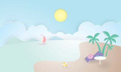 Fototapeta na wymiar Tropical island with palm trees. mountains, blue ocean, Summer time, Paper cut, Craft vector