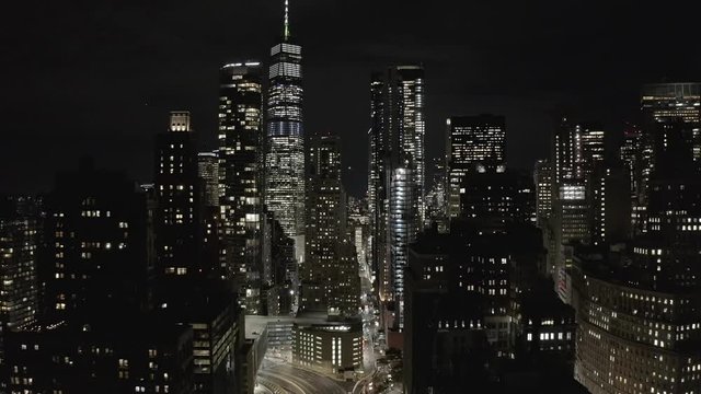 Aerial night view of downtown manhattan and street