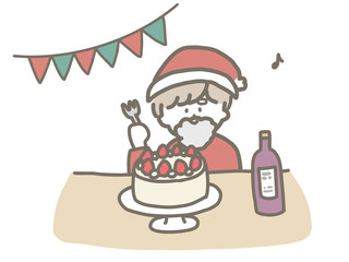一人でクリスマスケーキを食べるサンタのおにいさん