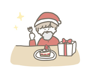 一人でクリスマスケーキを食べるサンタのおにいさん