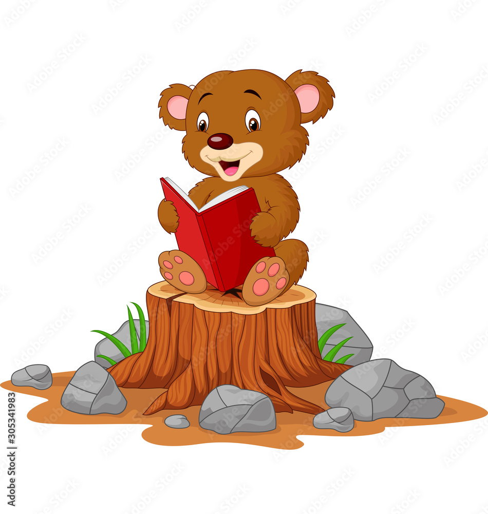 Wall mural Cute baby bear reading book on tree stump