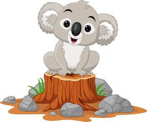 Cartoon baby Koala sitting on tree stump