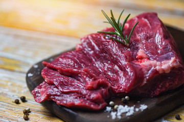 Raw beef steak with herb and spices - Fresh meat beef sliced on wooden cutting board background