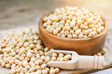 Soybean in a wooden bowl agricultural products on the sack background - dry soy beans