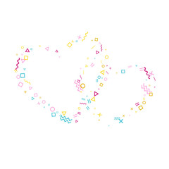 Memphis style geometric confetti vector background with triangle, circle, square shapes, chevron and wavy line ribbons. 