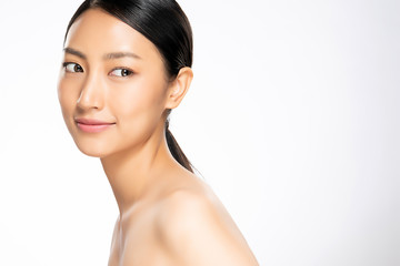 Beautiful Young Asian Woman with Clean Fresh Skin. Face care, Facial treatment, on white background, Beauty and Cosmetics Concept.