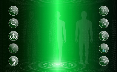 Fototapeta premium abstract background technology concept in green light,human body heal,technology modern medical science in future and global international medical with tests analysis clone DNA human