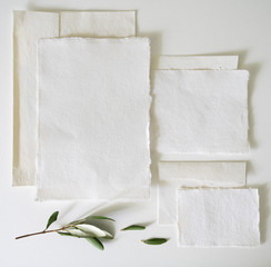 Vintage hand made rag paper stationery flat lay background