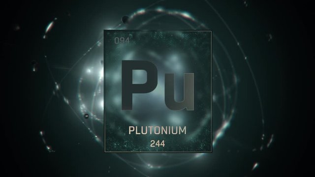 Plutonium as Element 94 of the Periodic Table. Seamlessly looping 3D animation on green illuminated atom design background with orbiting electrons. Design shows name, atomic weight and element number