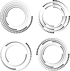 Set of black vector dots in circle form. Geometric art. White background. Design element for frame, logo, sign, symbol, prints, web, template and textile pattern