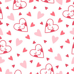 Doodle hand drawn heart seamless pattern. Line art cute hearts vector background, pink heart modern pattern
