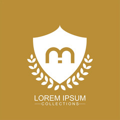 Letter M Logo with shield. Beautiful Logotype design for luxury company branding. Elegant identity design.Vector illustration for web banner, business presentation, advertising material.