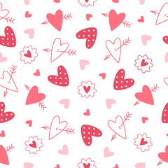 Doodle hand drawn heart seamless pattern. Line art hearts vector background, pink heart modern pattern
