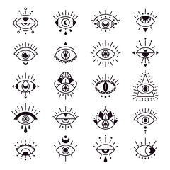 Evil eye sign. Decorative alchemy eyes symbol design, mystic, occult tattoo style vector illustration set