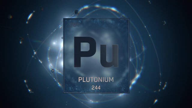 Plutonium as Element 94 of the Periodic Table. Seamlessly looping 3D animation on blue illuminated atom design background with orbiting electrons. Design shows name, atomic weight and element number