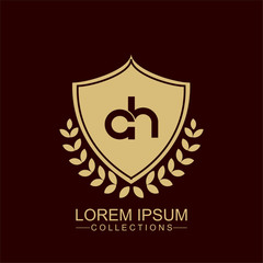 AH Luxury logo with shield. Vintage vector font. Elegant royal for Boutique hotel,Resort,Restaurant, Royalty, Victorian identity, luxury Hotel, Heraldic, Fashion,VIP,Club,educationlogo template.