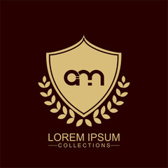 AM Luxury logo with shield. Vintage vector font. Elegant royal for Boutique hotel,Resort,Restaurant, Royalty, Victorian identity, luxury Hotel, Heraldic, Fashion,VIP,Club,educationlogo template.