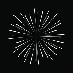 Abstract white radial speed lines in round form. Geometric art. Fireworks. Explosion. Black background. Design element for logo, sign, symbol, prints, web, template and textile pattern